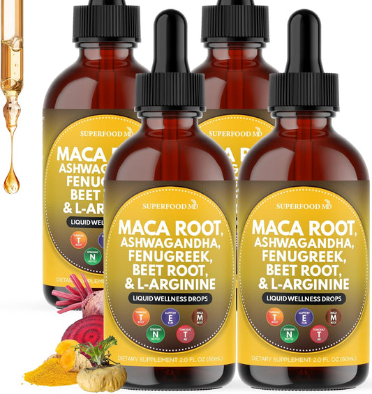 Superfood MD Maca Root Liquid Drops with Ashwagandha, Nettle, Fenugreek, Beet Root and L-Arginine Liquid Multivitamin for Women and Men - 8 Oz