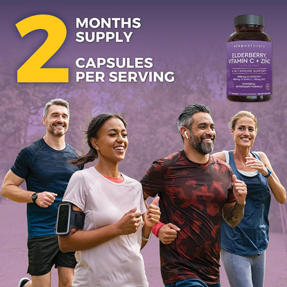 Viva Naturals Elderberry with Vitamin C and Zinc, 120 Capsules - 1000mg Sambucus Elderberry per Serving Immune Support Supplement, Black Elderberry Capsules for Adults, Elderberry Vitamins
