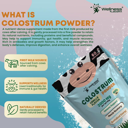 Colostrum Powder 2000mg - Vanilla Flavor, 60% IgG Bovine Colostrum Supplement for Gut Health, Immune Support, Clean Skin, Anti-Aging, Grass-Fed Calostro Bovino Powder, Keto, Gluten-Free - 60 Servings