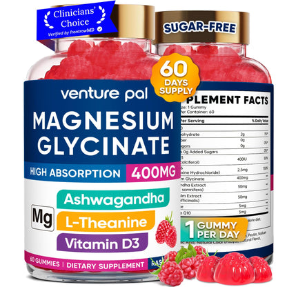 60 Day Supply Magnesium Glycinate 400mg Gummies Sugar Free High Absorption | With Ashwagandha, L-Theanine, CoQ10, Vitamin D3 & B6, Adults & Kids, Stress Relief, Sleep & Calm, Vegan, Gluten Free