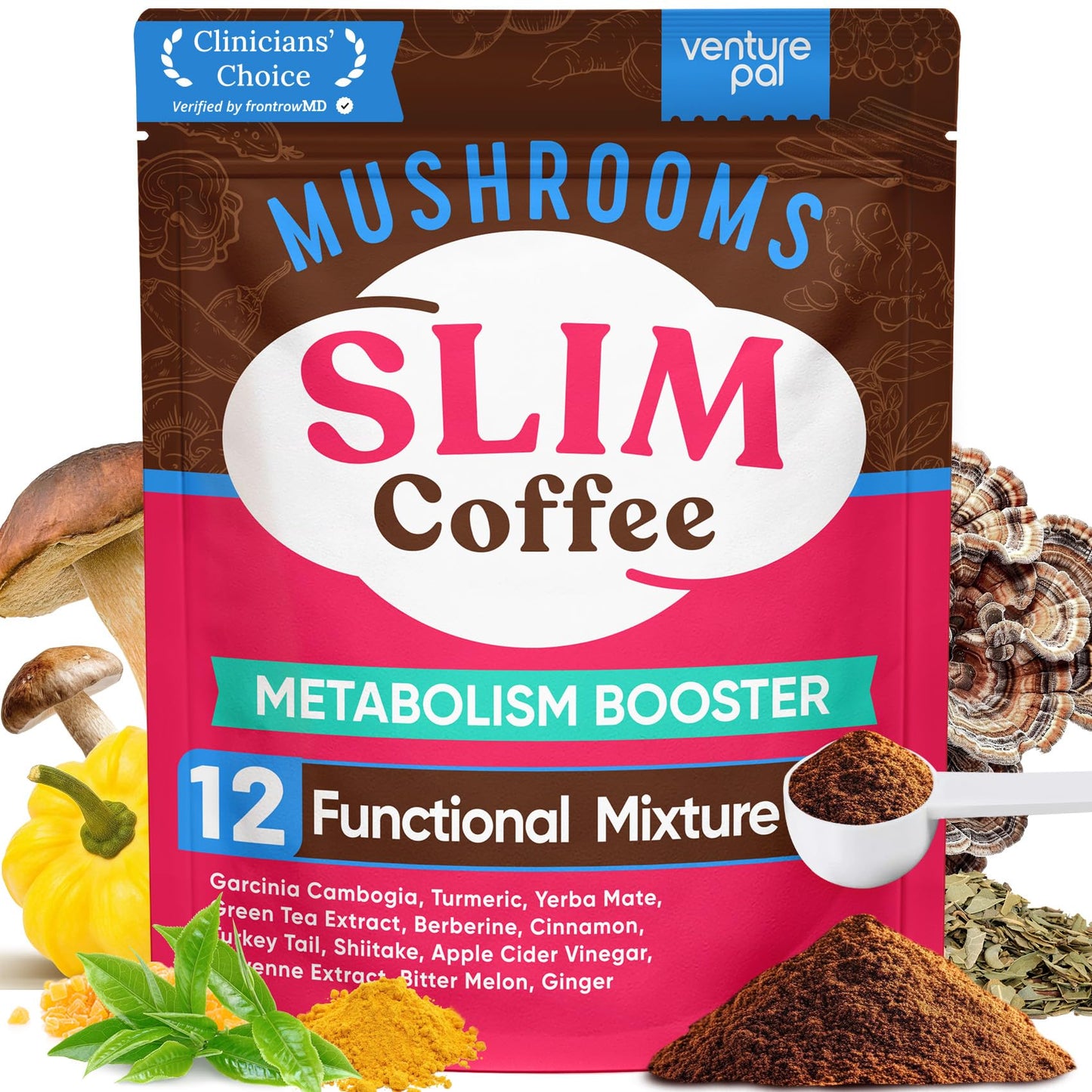 Venture Pal Mushroom Coffee, 12 Mushrooms, Focus & Digestion, 40 Servings | 12 Adaptogenic Mushrooms with Lion's Mane, Cordyceps, Reishi, Turkey Tail, Ashwagandha & Probiotics, Low Caffeine & Calories