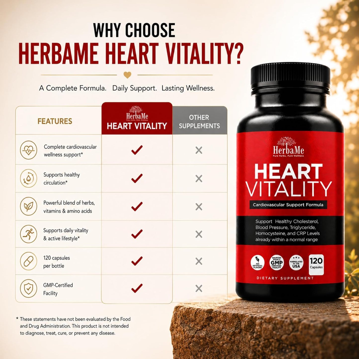 HerbaMe Heart Support Supplement for Men & Women, Daily Heart Wellness & Circulation Support, Supports Cardiovascular Wellness & Vascular Function with L-Arginine, Citrulline & CoQ10, 120 Capsules