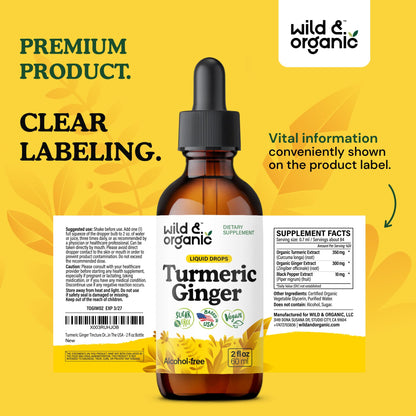 Wild & Organic Turmeric and Ginger Supplement - Movement & Immune Support - Liquid Turmeric Curcumin with Black Pepper and Ginger - Add to Tea Drops - Vegan, Sugar & Alcohol-Free Tincture - 4 oz
