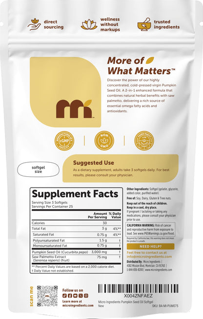 Micro Ingredients Pumpkin Seed Oil with Saw Palmetto,300 Softgels | Cold Pressed, Pure Virgin Oil, Essential Fatty Acids, & Phytosterols | Non-GMO