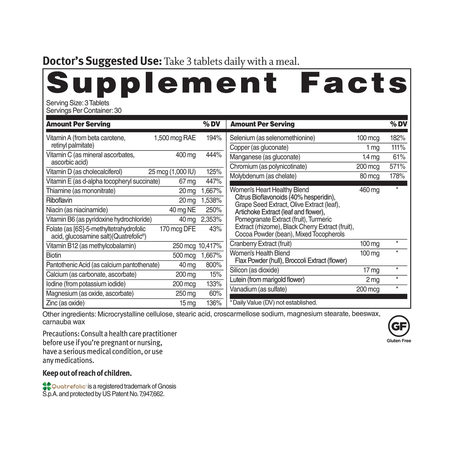 Dr. Sinatra Heart Healthy Multivitamin for Women with Vitamin D 1000 IU, A, B12, C, E, Biotin, Folate, and Zinc, 90 Tablets (30-Day Supply)