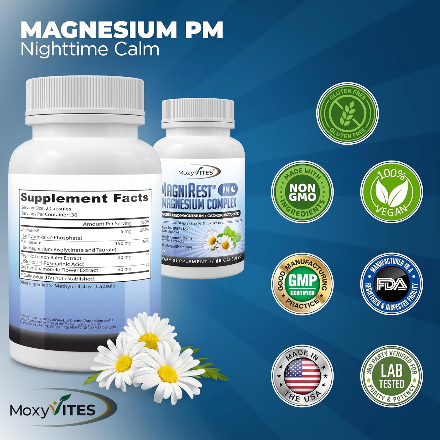 MoxyVites MagniRest PM Magnesium Complex for Women & Men - Magnesium Bisglycinate, Taurate, Active B6, & Calming Organic Botanicals - Chelated High Absorption - Nighttime Magnesium, 60 Vegan Capsules