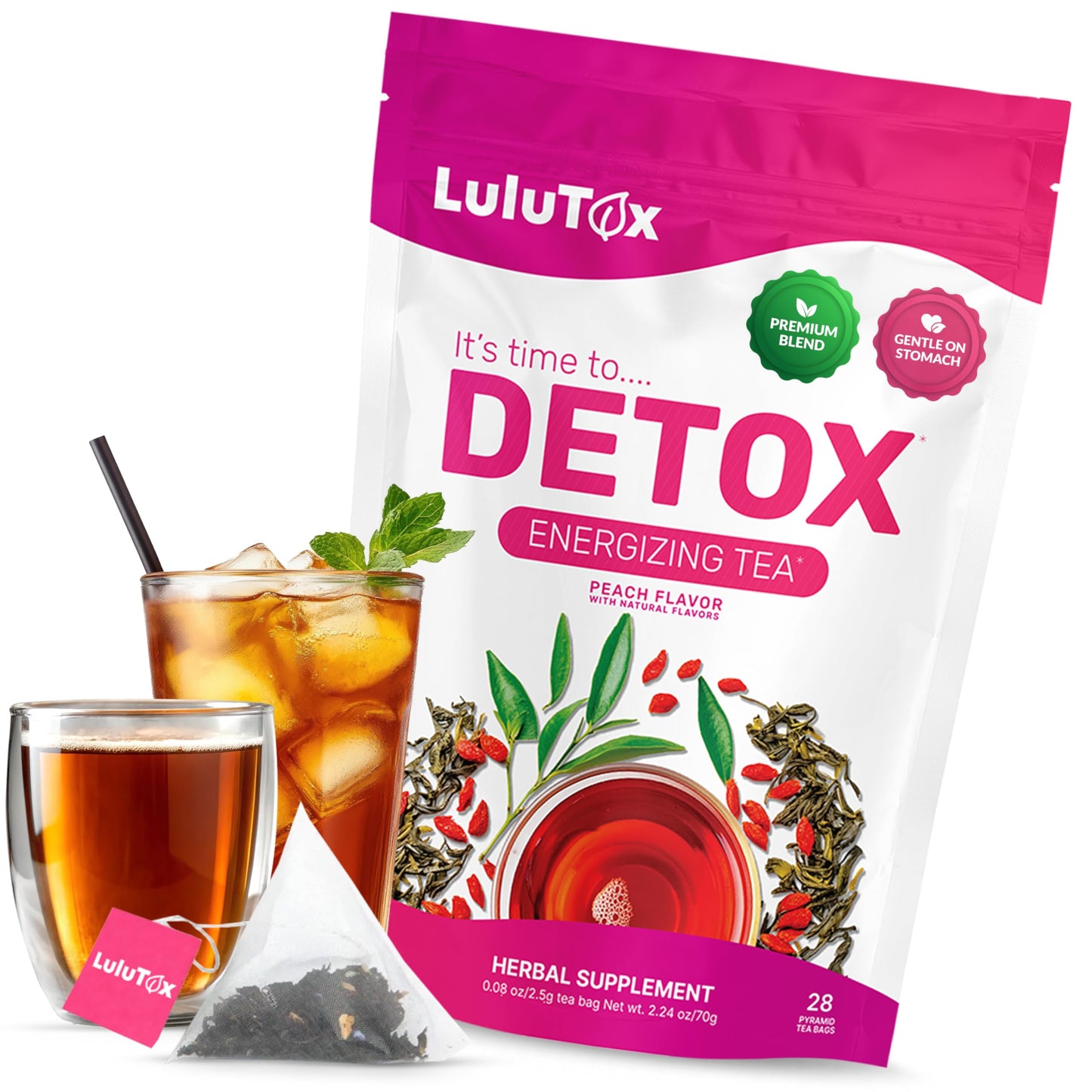 LULUTOX Detox Tea - Herbal Blend with Dandelion, Ginseng, and Ginger - Supports A Healthy Weight, Digestive Health - Vegan, All Natural, Laxative-Free - Peach Flavor (28 Servings)