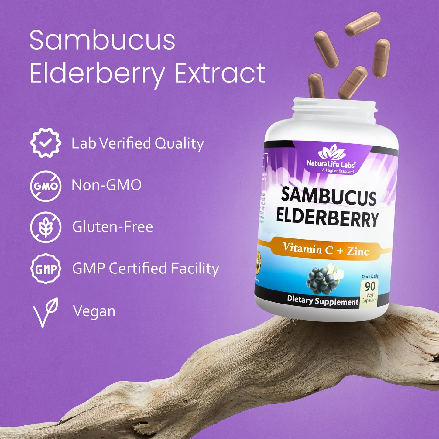 NaturaLife Labs Sambucus Elderberry Capsules – with Vitamin C & Zinc – Immune Support Supplement – 90 Vegan Capsules – Non-GMO & Gluten-Free