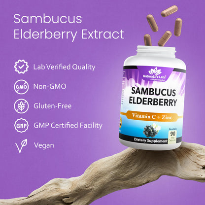 NaturaLife Labs Sambucus Elderberry Capsules – with Vitamin C & Zinc – Immune Support Supplement – 90 Vegan Capsules – Non-GMO & Gluten-Free