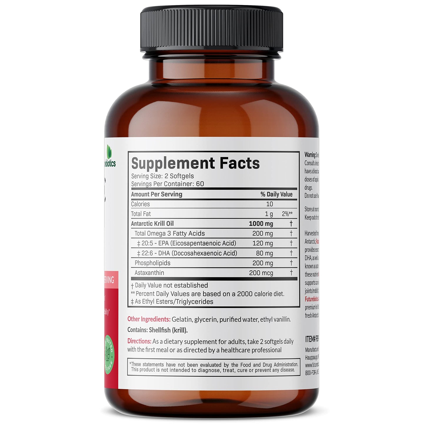 Futurebiotics Antarctic Krill Oil 1000mg with Omega-3s EPA, DHA, Astaxanthin and Phospholipids - Premium Krill Oil Heavy Metal Tested, Non GMO – 90 Softgels (45 Servings)
