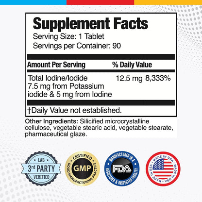 Brain Basics Ultra Iodine Complex Supplement for Thyroid Support, Iodine and Potassium Iodide in One, Iodine Supplement for Thyroid and Brain Health, 12.5 mg Iodine and Potassium Iodide - 90 Tablets