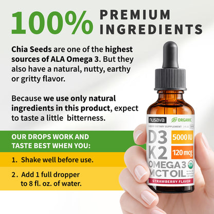 (2 Pack) Organic Vitamin D3 K2 Drops with MCT Oil & Omega 3 - Liquid Vitamin D3 5000 IU - K2 D3 Vitamin Supplement - Vitamin D Drops for Women & Men - No Fillers, Non-GMO, GMP, Unflavored (2 Fl Oz)