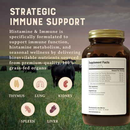 HEART & SOIL Histamine & Immune Support, 180 Capsules | 100% grass fed & finished from regenerative cattle with thymus, lung, spleen, liver & kidney. Immune defense.