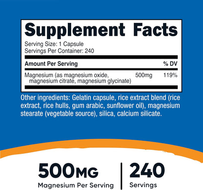 Nutricost Magnesium Complex Extra Strength 500mg, 240 Capsules, Gluten Free | Magnesium Oxide, Citrate, and Glycinate, GMO-Free