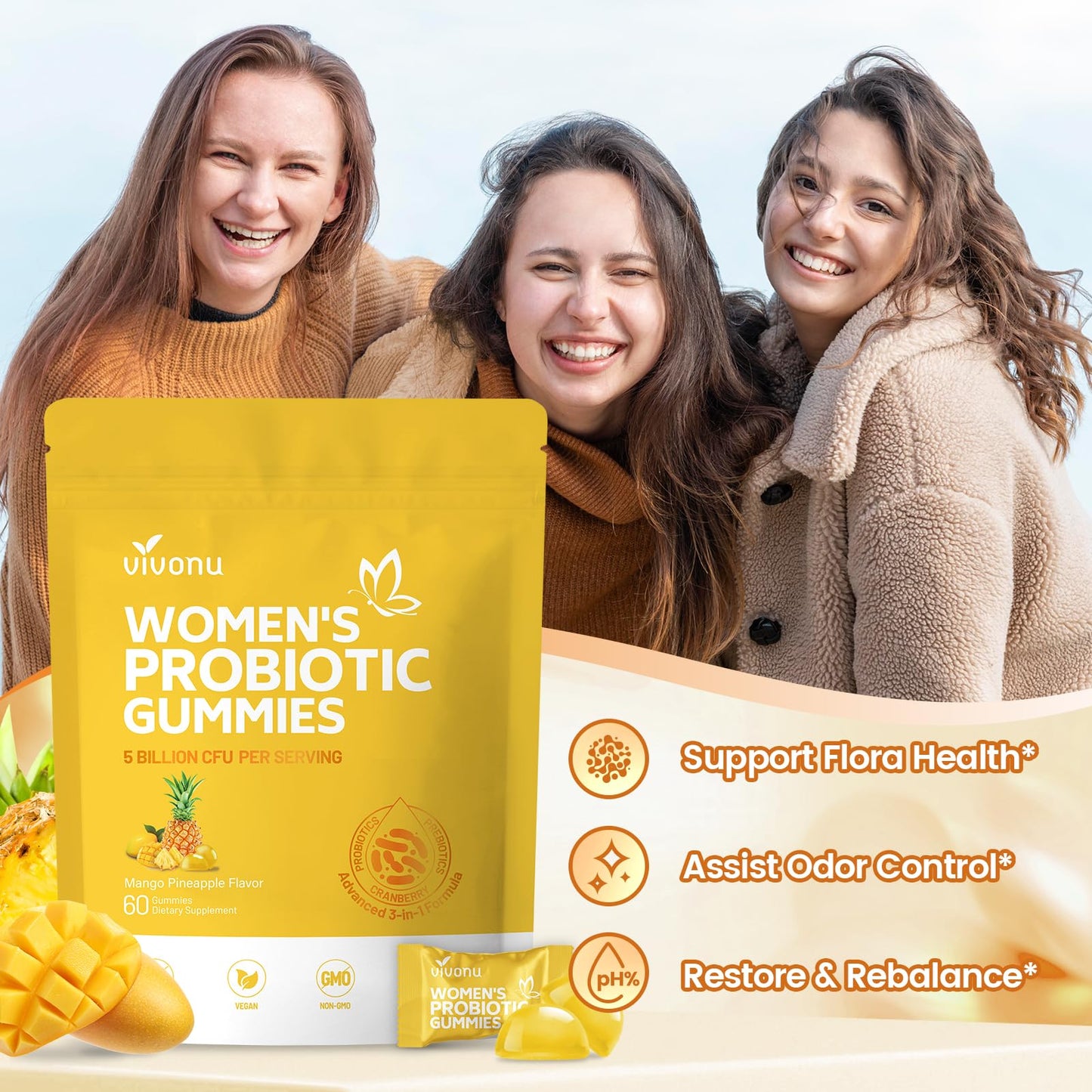 VivoNu Pineapple Gummies for Women Ph, Women Probiotic Gummies, Feminine Balance Gummy, Mango Pineapple Viginal Probiotics for Woman Vaginigal Health, Yeast Ph Balance