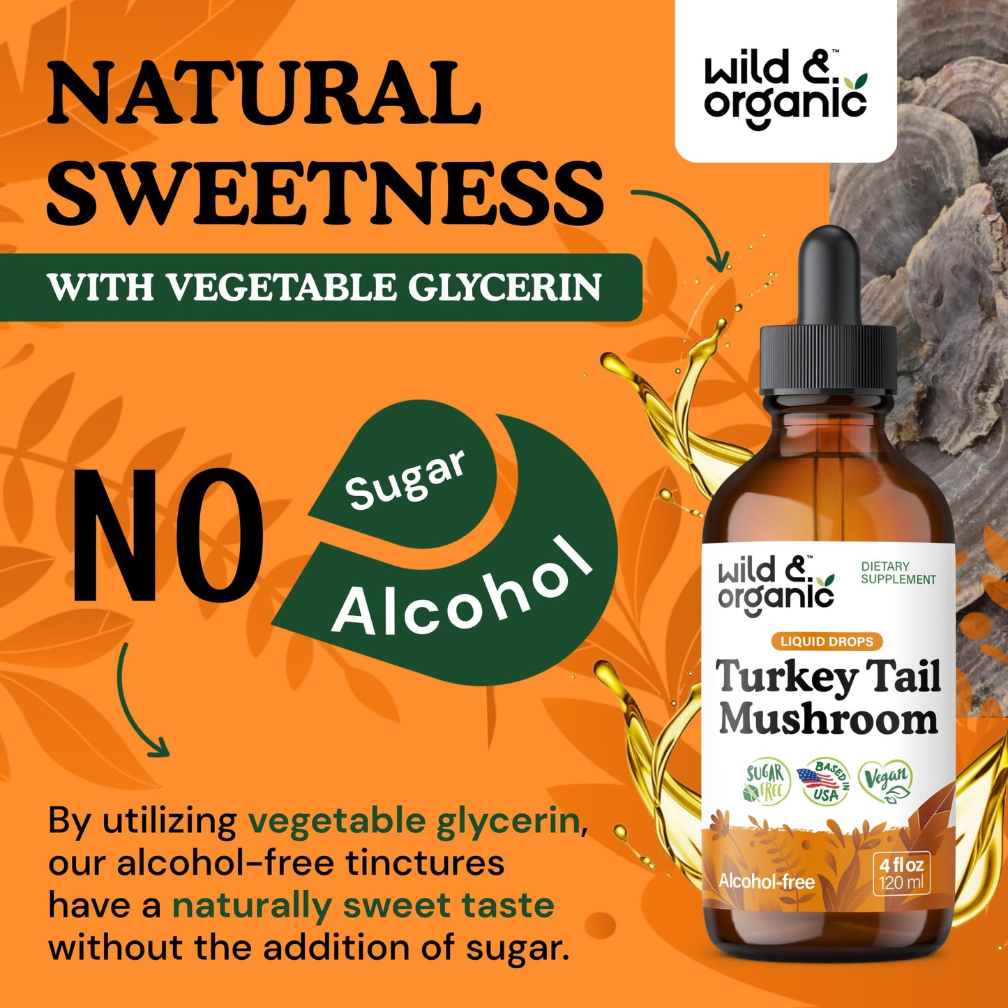 Wild & Organic Turkey Tail Mushroom Tincture - Immune Support Drops with Turkey Tail Extract - Liquid Mushroom Supplement for Gut Support - Vegan, Sugar & Alcohol-Free - 4 fl oz