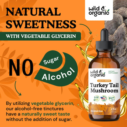 Wild & Organic Turkey Tail Mushroom Tincture - Immune Support Drops with Turkey Tail Extract - Liquid Mushroom Supplement for Gut Support - Vegan, Sugar & Alcohol-Free - 4 fl oz