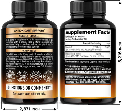 Liposomal Vitamin C 1700 mg - High Absorption Fat Soluble Complex - Antioxidant, Energy Boost & Immune Support - Vitamin C Supplement - NON-GMO, SOY-Free & Gentle on Stomach - 180 Capsules