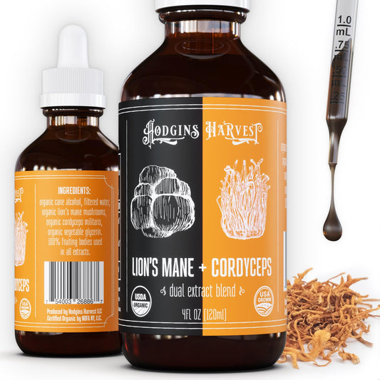 Hodgins Harvest Organic Lion's Mane Fruiting Body Extract Tincture - Mushroom Supplement for Brain Health and Mental Focus - Dual Extract Formula - Extra Concentrated - 4 fl oz Bottle
