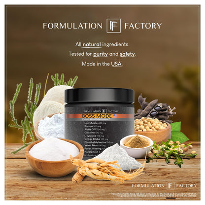 Formulation Factory BOSS Mode 10-in-1 Nootropic Complex with Lion's Mane, Alpha-GPC, Bacopa Monnieri, Ginkgo Biloba, Rhodiola & L-Tyrosine - 120 Capsules
