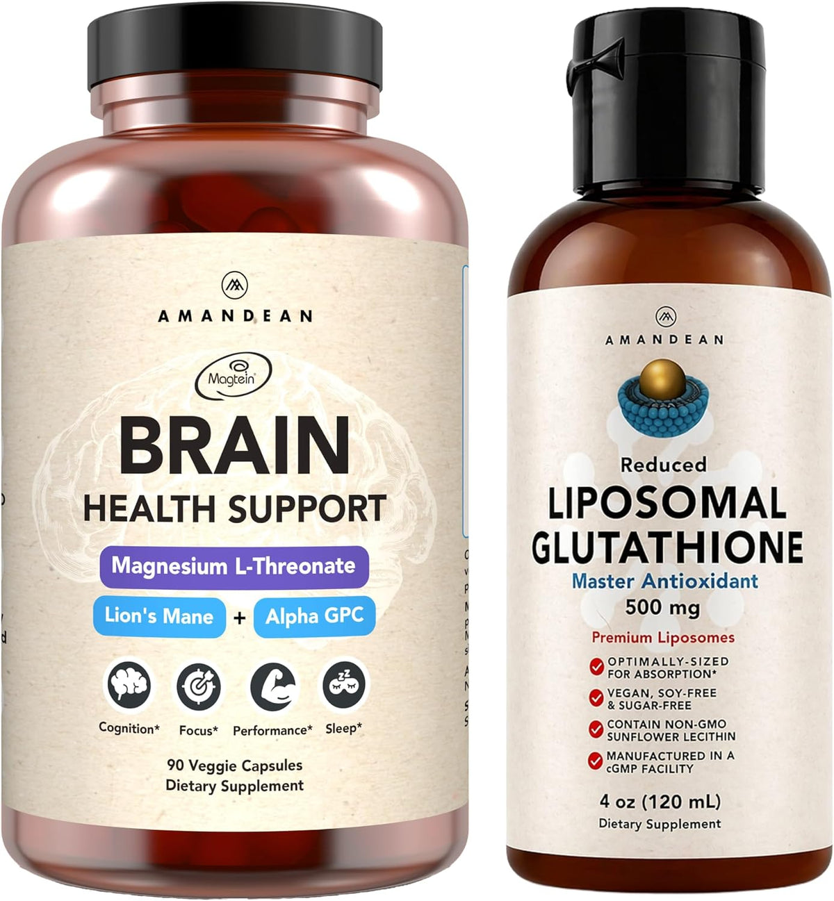 AMANDEAN Premium Brain Health Supplement & Liposomal Glutathione Bundle. Triple Formula with Magnesium L-Threonate, USA-Grown Organic Lion’s Mane 6:1 Extract, and Alpha-GPC. Support Cognition, Focus &