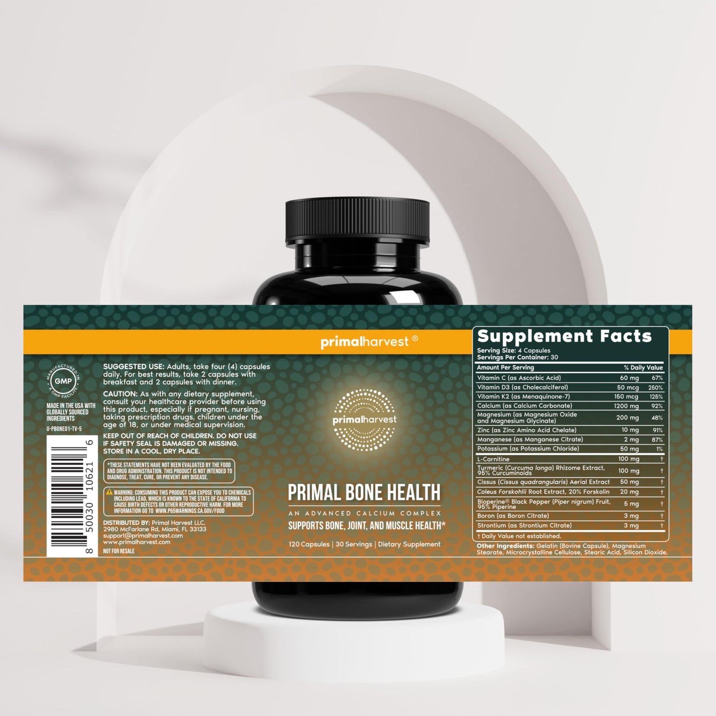 Primal Harvest Primal Bone Health Calcium Carbonate Bone Health Complex for Men & Women with Calcium, Magnesium, Zinc, Manganese, Potassium, & L-Carnitine (1 Pack)
