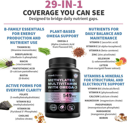 29-in-1 Methylated Multivitamin for Men & Women with Omega 3, Active B12, 5-MTHF Folate (70ct) & 12-in-1 Melatonin Sleep Capsules with Melatonin 5mg and Magnesium Glycinate 500mg Bundle (90 ct)
