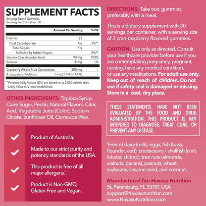 Cranberry Probiotic Gummies, Cran-Raspberry, 60ct, Bladder Support | Probiotic Cranberry Gummies for Women, Urinary Tract Health & pH Balance, 1 Billion CFU of Lactobacillus, Vaginal Wellness