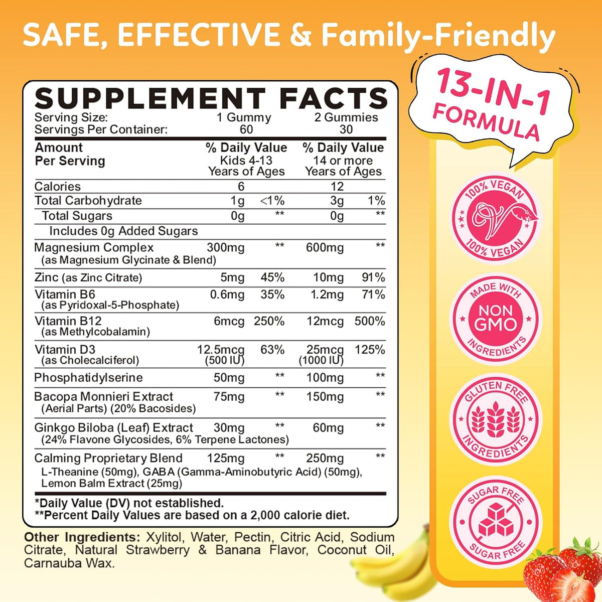 Magnesium Glycinate Gummies for Kids - with L-Theanine, Ashwagandha, Vitamin D3 K2, Magnesium for Kids - Sleep, Calm, Muscle, Relaxation, Cognitive, Sugar Free Strawberry & Banana Filled Gummies 60ct