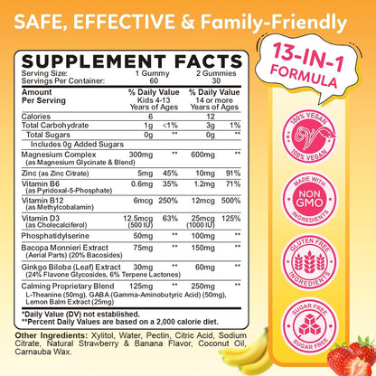 Magnesium Glycinate Gummies for Kids - with L-Theanine, Ashwagandha, Vitamin D3 K2, Magnesium for Kids - Sleep, Calm, Muscle, Relaxation, Cognitive, Sugar Free Strawberry & Banana Filled Gummies 60ct