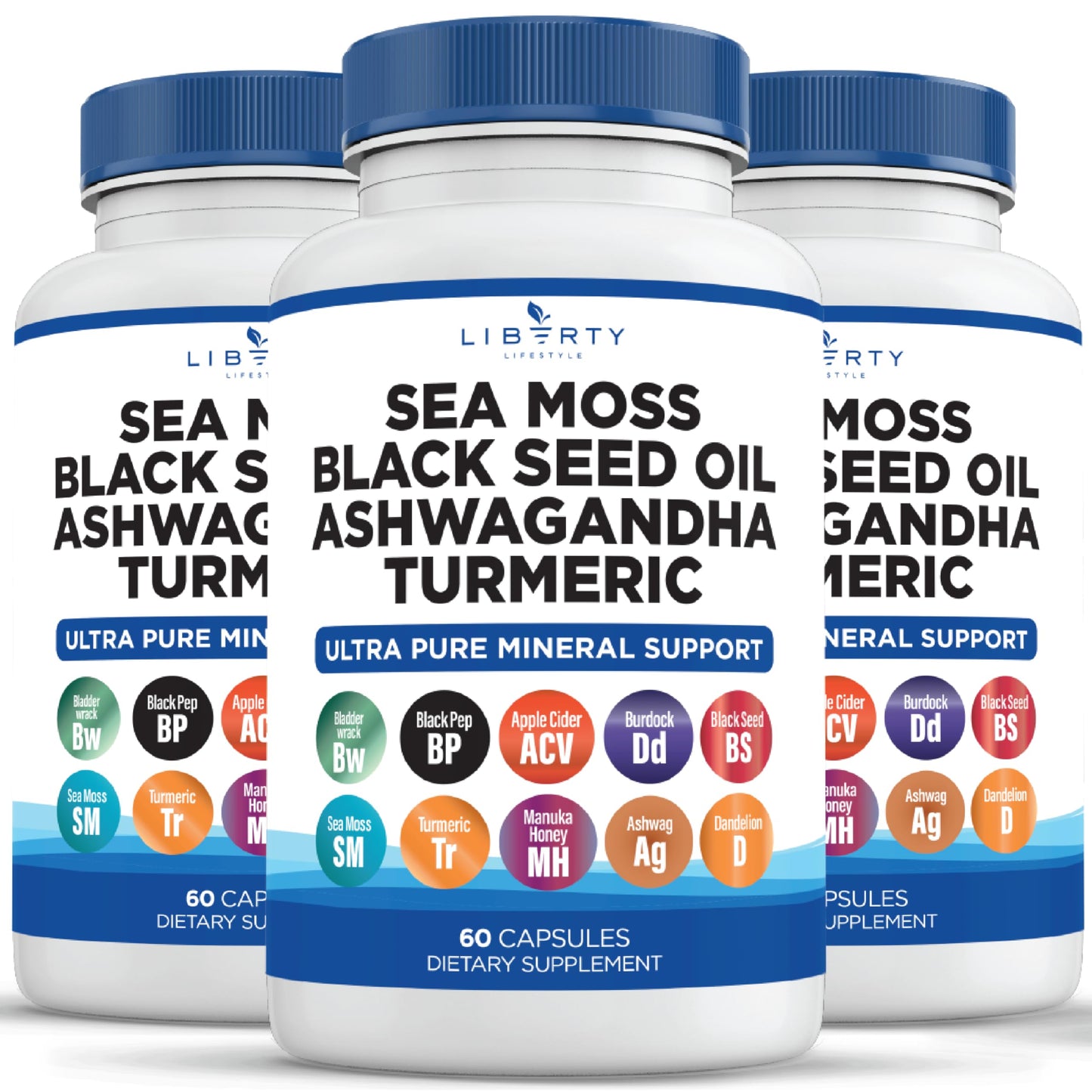 Liberty Lifestyle Sea Moss Black Seed Oil Ashwagandha Turmeric Bladderwrack Burdock - with Manuka, Honey Dandelion, ACV Black Pepper Gluten Free - 2-Pack
