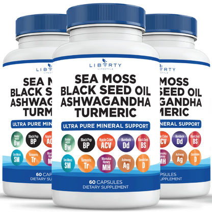 Liberty Lifestyle Sea Moss Black Seed Oil Ashwagandha Turmeric Bladderwrack Burdock - with Manuka, Honey Dandelion, ACV Black Pepper Gluten Free - 2-Pack