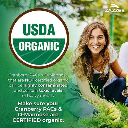 Zazzee USDA Organic Cranberry PACs & D-Mannose, 36 mg PACs per Serving, 1000 mg D-Mannose per Serving, 120 Vegan Capsules, 2 Month Supply, Urinary Tract & Bladder Support, Non-GMO, Made in the USA