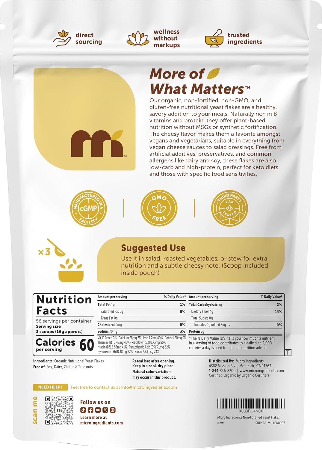Micro Ingredients Organic Non-Fortified Nutritional Yeast Flakes, 2 Pounds | Vegan Protein, B Vitamins & Beta-glucans | Keto Friendly, Dairy Free Cheese Substitute, Non-GMO, Gluten Free