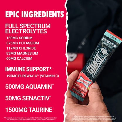 GHOST Hydration Sticks, Electrolyte Powder Packets, Sonic Cherry Limeade - 24 Sugar Free Instant Electrolyte Drink Mix - Caffeine-Free Daily Hydration & Immune Support with Clean Formula