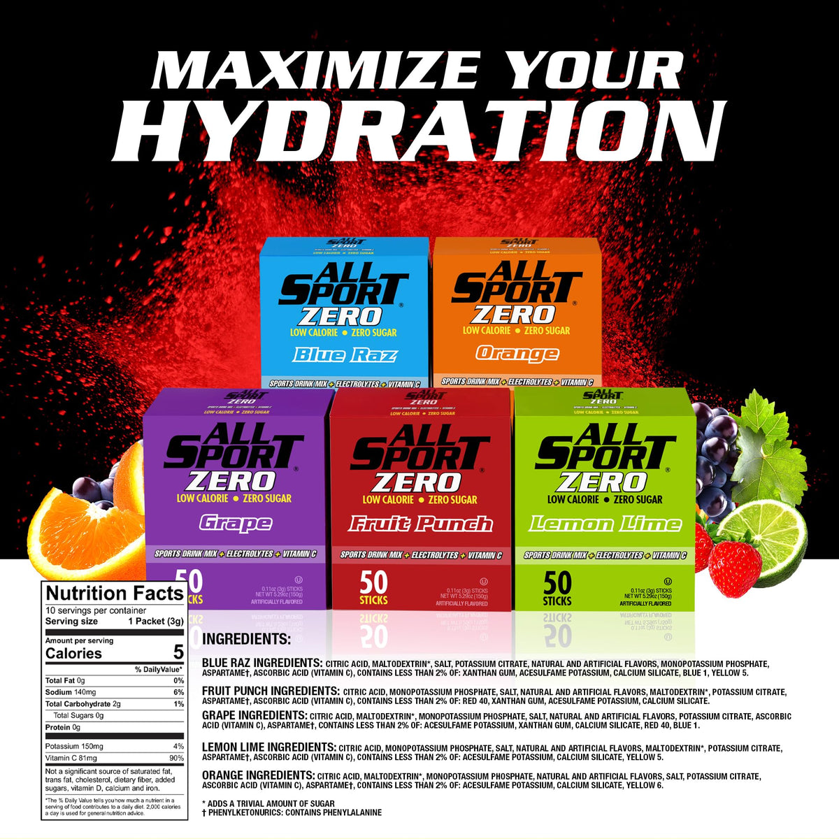 All Sport Zero Variety Powder Sticks, Sugar Free Electrolytes (Pack of 50)
