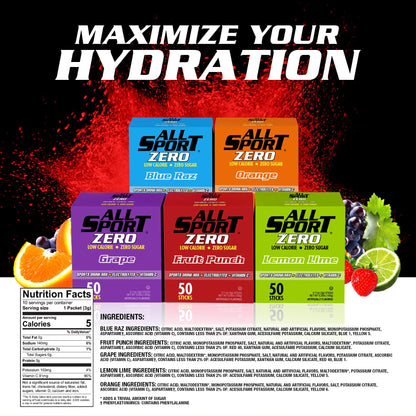 All Sport Zero Variety Powder Sticks, Sugar Free Electrolytes (Pack of 50)