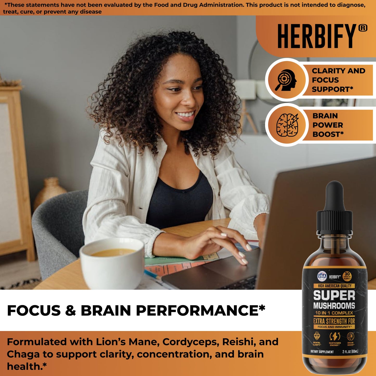 HERBIFY Lions Mane Supplement - Daily Mushroom Supplement for Memory, Focus & Clarity - Brain Booster - Lions Mane Tincture for Immune Support - 4 Fl oz
