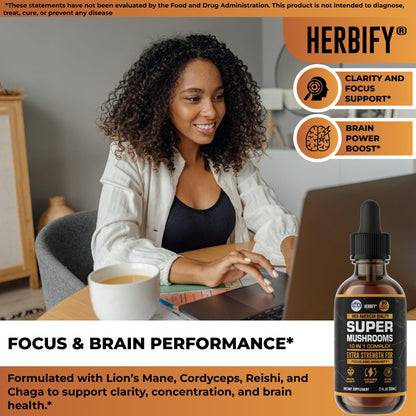HERBIFY Lions Mane Supplement - Daily Mushroom Supplement for Memory, Focus & Clarity - Brain Booster - Lions Mane Tincture for Immune Support - 4 Fl oz