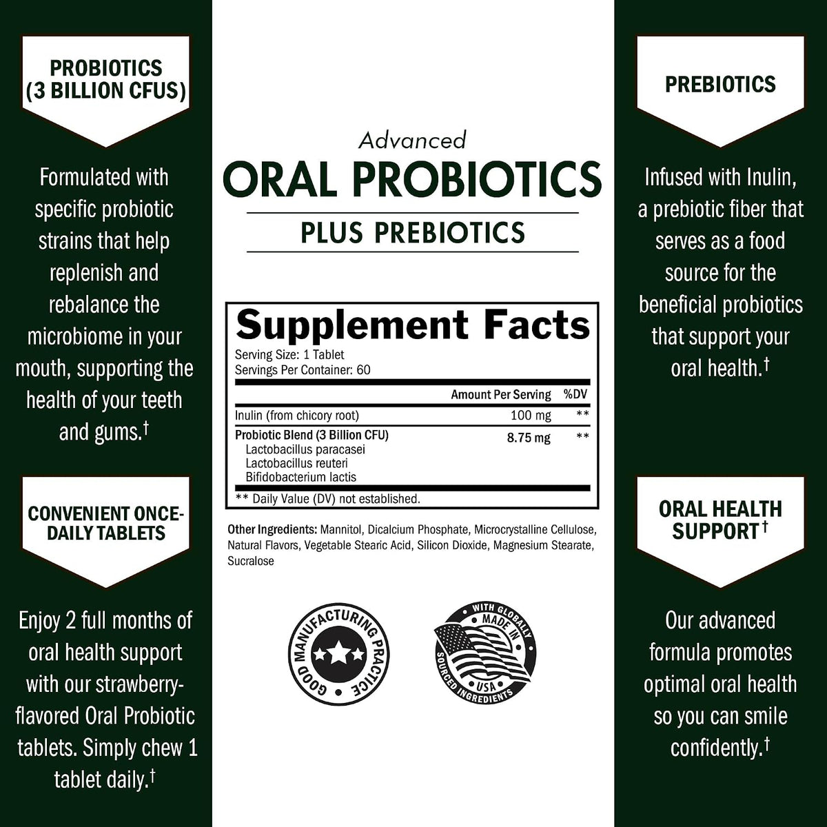 Oral Probiotics Supplement with Prebiotics, Strawberry Flavor, 60 Tablets