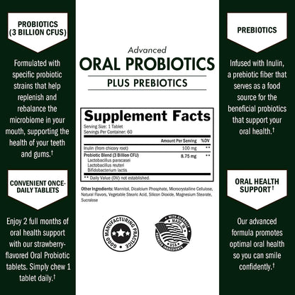 Oral Probiotics Supplement with Prebiotics, Strawberry Flavor, 60 Tablets