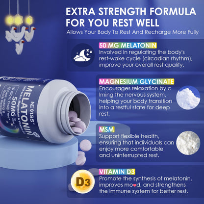 NEVISS Melatonin 50 mg for Adults - Extra Strength 9-in-1 Fast Dissolve Sublingual - High Dose with Magnesium Glycinate, Vitamin D3, Ashwagandha, Lemon Balm, Chamomile, Sugar Free,Vegan 120 Tablets