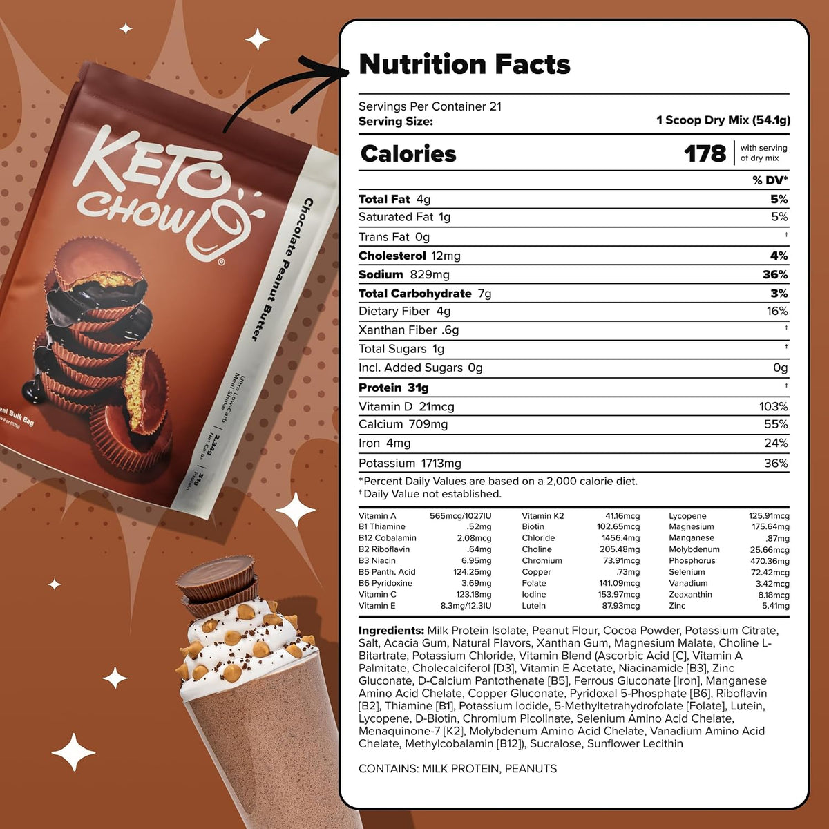Keto Chow Chocolate Meal Replacement Shake Powder, 21 Meals