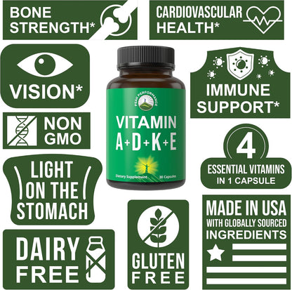 Peak Performance Vitamins D 5,000 iu + A + K + E All in 1 Easy to Swallow Vegan Capsule. ADK Vitamin Supplement with E D3 K2. Essential Vitamins for Mood, Immune, Bone, Vision, Heart