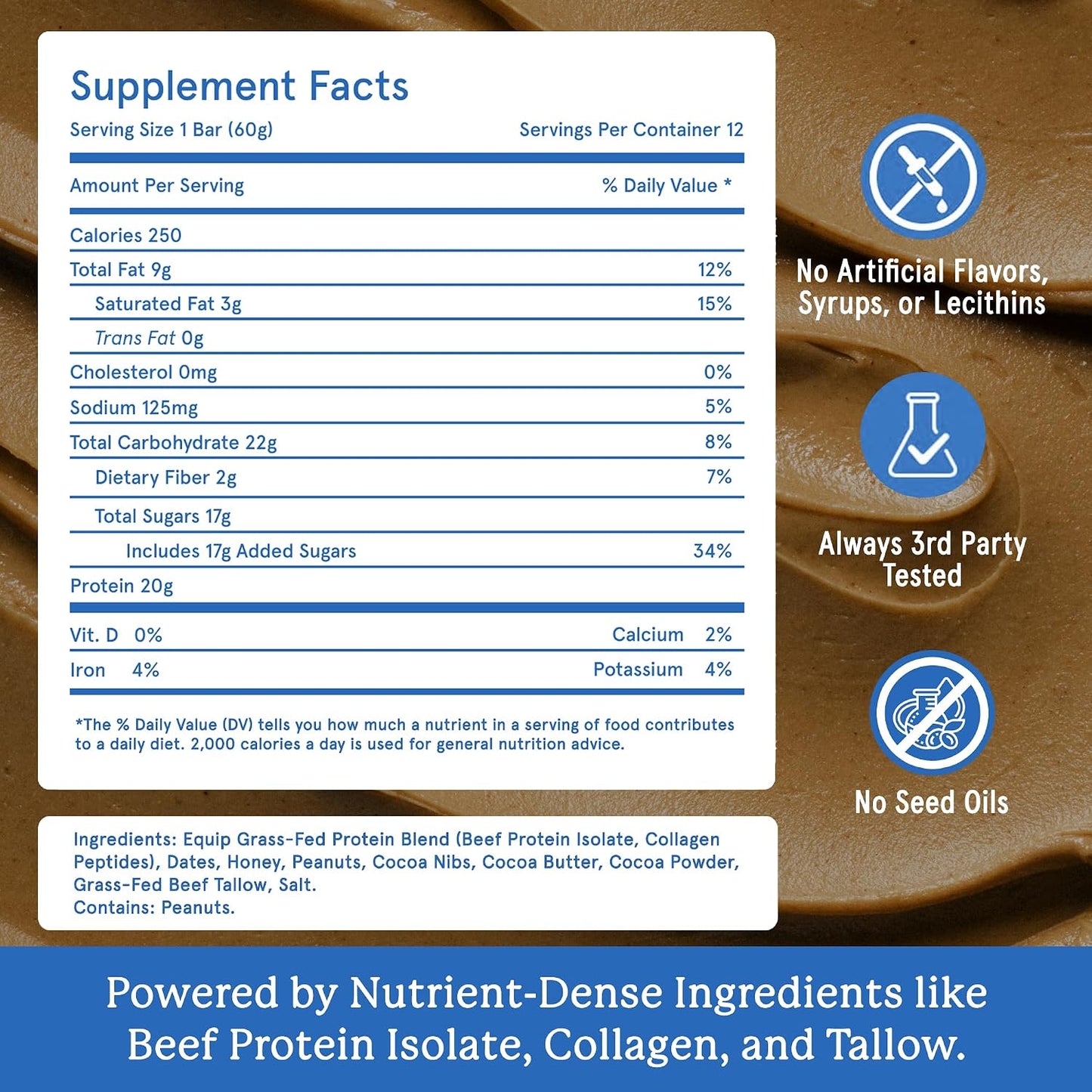 Equip Foods High Protein Prime Bars – Grass Fed Beef Protein, Collagen & Tallow – Gut Friendly, Gluten Free 20g Protein Bars - Only Real-Food Ingredients - Peanut Butter Chocolate, 12 Count