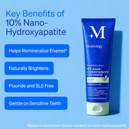 Mouthology 10% Nano Hydroxyapatite Toothpaste Fluoride Free, Whitening*, Rod Shaped nHA, Xylitol Toothpaste for Adults, Enamel Care*, Sensitive Teeth*, SLS Free, Mint 4oz (USA Made) Package May Vary