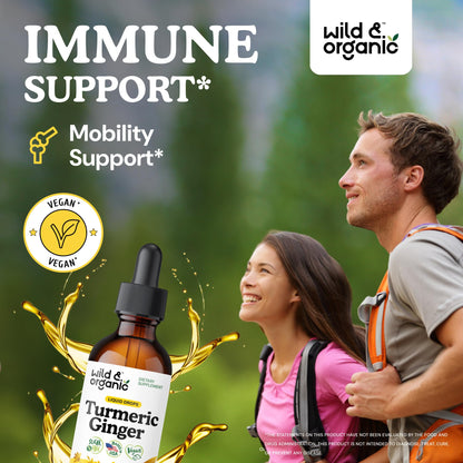 Wild & Organic Turmeric and Ginger Supplement - Movement & Immune Support - Liquid Turmeric Curcumin with Black Pepper and Ginger - Add to Tea Drops - Vegan, Sugar & Alcohol-Free Tincture - 4 oz