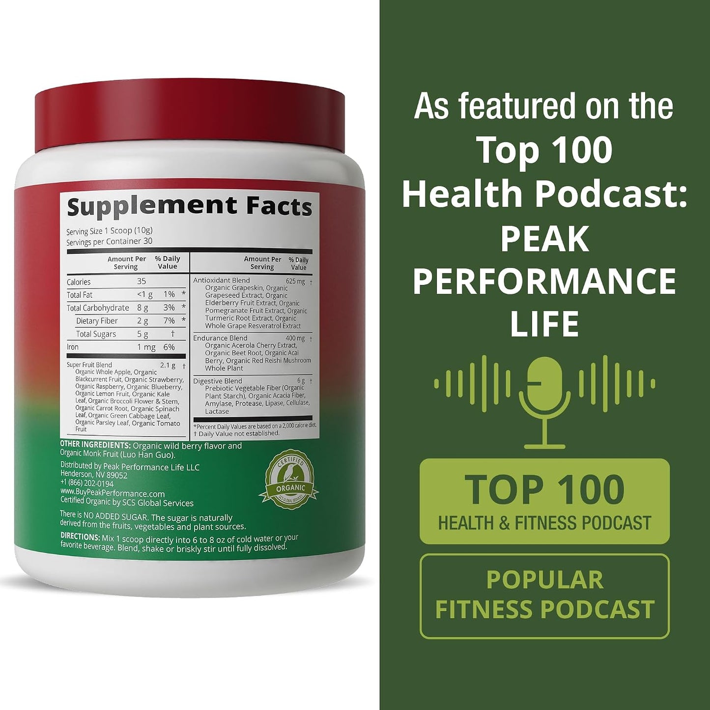 Peak Performance Organic Reds Superfood Powder, Best Tasting Red Juice Super Food w/ 25+ All Natural Ingredients & Polyphenols, Vital for Max Energy and Detox - Raspberry, Elderberry, Beetroot