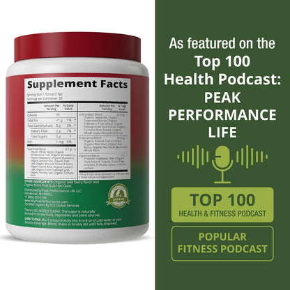 Peak Performance Organic Reds Superfood Powder, Best Tasting Red Juice Super Food w/ 25+ All Natural Ingredients & Polyphenols, Vital for Max Energy and Detox - Raspberry, Elderberry, Beetroot