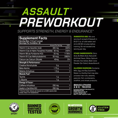 MusclePharm Assault Pre Workout Powder for Men & Women – Energy & Strength Boost Pre-Workout Supplements with Beta Alanine, Caffeine, Creatine & Betaine Anhydrous – 30 Servings, Fruit Punch Flavor
